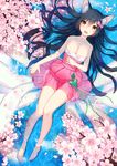  :d ahri ahri_(ari_30305) alternate_costume animal_ears bad_id bad_pixiv_id bangs bare_legs barefoot black_hair bow breasts bug butterfly cherry_blossoms cleavage dress dutch_angle dynasty_ahri facial_mark fang feet floral_print flower fox_ears fox_tail from_above hair_between_eyes hair_bow hair_spread_out hand_on_own_stomach happy highres insect korean_clothes large_breasts league_of_legends long_hair lying lying_on_water multiple_tails on_back open_mouth partially_submerged petals smile solo tail very_long_hair whisker_markings yellow_eyes 