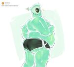  1boy ass bara big_belly colored_skin dolphin_shorts doug_(monster_prom) fat fat_man feet_out_of_frame from_side green_skin green_theme highres looking_at_viewer male_focus micro_shorts monster_boy monster_prom nifast_(greentail) notice_lines object_through_head pectorals see-through short_shorts shorts slime_boy solo standing sweat sword_in_head tareme topless_male 