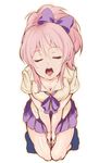  1girl blush bow bowtie breasts cleavage closed_eyes commentary_request gyaru hair_bow idolmaster idolmaster_cinderella_girls jewelry jougasaki_mika kogal medium_breasts miniskirt open_mouth pink_hair school_uniform skirt solo twintails yasai_no_ou-sama_lettuce 