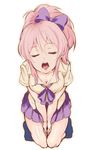  blush bow bowtie breasts cleavage closed_eyes gyaru hair_bow idolmaster idolmaster_cinderella_girls jewelry jougasaki_mika kogal medium_breasts miniskirt open_mouth pink_hair school_uniform skirt solo twintails yasai_no_ou-sama_lettuce 