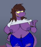 anthro bottomwear breasts brown_hair cchilab clothing deltarune denim denim_bottomwear denim_clothing female flashing flashing_breasts grey_background hair hi_res jeans nipples overweight overweight_anthro overweight_female pants pubes purple_body reptile sagging_breasts scalie shirt simple_background solo susie_(deltarune) tail text third-party_edit topwear torn_bottomwear torn_clothing torn_jeans torn_pants undertale_(series) yellow_sclera 