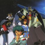  1990s_(style) 2boys amuro_ray belt blue_sky cloud commentary cover dvd_cover earth_federation english_commentary gundam hand_on_own_chin highres kamille_bidan key_visual kitazume_hiroyuki mecha military military_uniform mobile_suit mobile_suit_gundam multiple_boys official_art promotional_art retro_artstyle robot rx-78-2 scan science_fiction sky space starry_background uniform v-fin zeta_gundam zeta_gundam_(mobile_suit) 