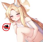  1girl absurdres animal_ear_fluff animal_ears ass blonde_hair blue_archive blush camisole closed_mouth collarbone feet_out_of_frame fox_ears halo highres long_hair nonoka7221 seia_(blue_archive) simple_background solo white_background white_camisole yellow_eyes yellow_halo 