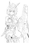  1girl commentary_request damaged greyscale headgear highres kumichou_(ef65-1118-ef81-95) lineart looking_at_viewer mecha_musume mechanical_arms mechanical_legs miniskirt monochrome original panties short_hair skirt solo thighhighs underwear white_background 