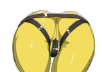  ass ass_focus belt bent_over bodysuit cameltoe close-up descch mori_yuki shiny shiny_clothes simple_background solo uchuu_senkan_yamato uchuu_senkan_yamato_2199 white_background yellow_bodysuit zipper 