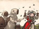  &gt;_&lt; armor bee beekeeping_hat beekeeping_suit belt braid brown_hair bug bush flora_sister_(ironlily) flower gambeson gloves helmet highres hood ironlily kettle_helm long_hair medieval multiple_girls ordo_mediare_sisters_(ironlily) sheath sheathed sword weapon 