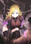  1boy 1girl abs black_thighhighs blonde_hair bondage_outfit breasts demon_girl demon_horns demon_wings elbow_gloves faceless faceless_male gloves groin harness highres horns jun_(navigavi) medium_breasts multicolored_hair navel original pointy_ears purple_eyes purple_hair thighhighs topless_male translation_request wavy_hair wings 