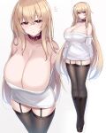  1girl absurdres bare_shoulders belt_collar blonde_hair blush boots breasts cleavage collar full_body garter_straps highres huge_breasts kubiwa_(kutan) kutan long_hair looking_at_viewer open_mouth original red_collar red_eyes solo sweater thighhighs white_sweater 