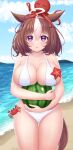  1girl :3 ahoge alternate_costume bare_shoulders beach bikini blue_sky blush breasts brown_hair cleavage cloud cloudy_sky collarbone commentary_request cowboy_shot crab ear_ribbon food fruit hair_between_eyes hairband highres holding_watermelon large_breasts looking_at_viewer meisho_doto_(umamusume) multicolored_hair ocean octopus outdoors parted_lips pink_hairband purple_eyes purple_ribbon ribbon rion-magunas sand short_hair sky solo starfish streaked_hair swimsuit thigh_gap umamusume water watermelon white_bikini white_hair 