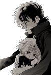  1boy 1girl :3 black_jack_(character) black_jack_(series) closed_eyes greyscale highres hug monochrome multicolored_hair patchwork_skin pinoko short_hair simple_background smile udon_or_ramen 