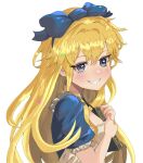  1girl alice_(black_souls) alice_in_wonderland black_souls blonde_hair blue_dress blue_eyes blue_ribbon book dress grin hair_ribbon highres holding holding_book long_hair ribbon smile sponki 