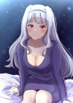  1girl bed_sheet blush breasts cleavage collarbone commentary_request dress feet_out_of_frame grey_hair highres idolmaster idolmaster_(classic) idolmaster_million_live! large_breasts long_hair long_sleeves looking_at_viewer pink_eyes purple_dress scoop_neck shijou_takane sinobu0425 sitting smile solo sweater sweater_dress very_long_hair 