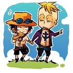  2boys belt blonde_hair bread chibi eating food freckles hat jolly_roger male_focus marco multiple_boys necklace one_piece open_mouth open_shirt pirate portgas_d_ace purple_shirt sash shirt tattoo topless 