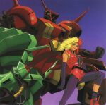  1990s_(style) 1girl boots breasts cable chara_soon commentary cover dvd_cover english_commentary gundam gundam_zz highres key_visual kitazume_hiroyuki long_hair mecha mobile_suit multicolored_hair neo_zeon official_art one-eyed promotional_art r-jarja retro_artstyle robot scan science_fiction spiked_hair traditional_media uniform vest 