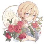  1boy bad_id bad_pixiv_id bird blonde_hair blue_eyes blue_jacket closed_mouth collared_shirt cropped_torso dove ensemble_stars! flower green_necktie hair_between_eyes hand_up jacket looking_at_viewer male_focus meremero necktie portrait red_flower red_rose rose school_uniform shirt short_hair smile solo tenshouin_eichi white_background white_shirt yumenosaki_school_uniform 