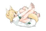  animal_ears barefoot blonde_hair commentary_request fox_ears fox_girl fox_tail full_body green_ribbon highres kudamaki_tsukasa ribbon romper short_sleeves simple_background tail toenails touhou white_background white_romper yellow_eyes yellow_tail 