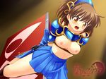  :o arle_nadja armor bdsm blue_skirt blush bondage boots bound breasts brown_background brown_eyes brown_hair chain half_updo knee_boots madou_monogatari nipples puyopuyo restrained rope shiny shiny_skin short_hair skirt solo sweetsprite tears wooden_horse 