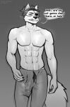  abs accessory anthro bodily_fluids bottomwear bulge canid canine canis clothed clothing demanding english_text eye_patch eyewear headband hi_res leonzawolf male mammal monochrome muscular muscular_male musk musk_clouds no_underwear pants pants_only peeel shirtless shirtless_male sketch solo solo_focus speech_bubble sweat sweatpants sweaty_legs sweaty_thighs text wolf 