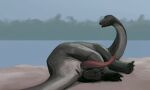  5:3 animal_genitalia anus beach brachiosaurid brachiosaurus claws countershade_torso countershading day dinosaur erection feral finger_claws genital_slit genitals hi_res long_neck long_tail lying male on_side outside penis plant presenting presenting_penis quadruped reptile sauropod sauropodomorph scalie shaded sky solo sprout tail toe_claws tree water 