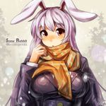  animal_ears blush breasts bunny_ears jacket large_breasts long_hair long_sleeves looking_at_viewer open_mouth purple_hair red_eyes reisen_udongein_inaba scarf shirt snowing solo touhou umigarasu_(kitsune1963) upper_body very_long_hair 