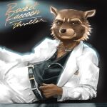  album_cover album_redraw anthro belt belt_buckle black_background black_belt black_clothing black_nose black_shirt black_topwear brown_body brown_eyes brown_fur buckle claws clothing cover cybernetics fur guardians_of_the_galaxy gwen_the_psychic hi_res lying machine male mammal marvel multicolored_body multicolored_fur on_side procyonid raccoon rocket_raccoon shirt simple_background solo suit suit_jacket suit_pants thriller_(album) topwear two_tone_body two_tone_fur white_clothing white_suit 