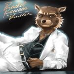 album_cover album_redraw anthro belt belt_buckle black_background black_belt black_clothing black_nose black_shirt black_topwear brown_body brown_eyes brown_fur buckle claws clothing cover cybernetics fur guardians_of_the_galaxy gwen_the_psychic hi_res lying machine male mammal marvel multicolored_body multicolored_fur on_side procyonid raccoon rocket_raccoon shirt simple_background solo suit suit_jacket suit_pants thriller_(album) topwear two_tone_body two_tone_fur white_clothing white_suit