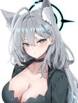  1girl absurdres ahoge animal_ear_fluff animal_ears black_choker black_dress blue_archive blue_eyes blush breasts choker cleavage collarbone cross_hair_ornament dark_halo dress extra_ears grey_hair hair_between_eyes hair_ornament halo highres large_breasts li_se long_hair parted_lips shiroko_(blue_archive) shiroko_terror_(blue_archive) simple_background solo upper_body white_background wolf_ears 