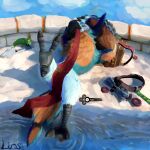  1:1 anthro avian bandoneon bathing bird breath_of_the_wild clothing discarded_clothing feet hi_res kass_(tloz) liosoun lounging male musical_instrument nintendo partially_submerged raised_leg rito sky solo spread_legs spreading talons tears_of_the_kingdom teasing the_legend_of_zelda toes water wet 