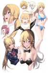  3girls :o absurdres anger_vein animal_ears arato_hisako bare_shoulders bikini black_bow black_bowtie black_leotard blank_eyes blonde_hair blue_bikini blush bow bowtie breasts chibi cleavage cousins cropped_torso detached_collar fake_animal_ears full_body hand_on_own_hip highres large_breasts leotard long_hair looking_at_viewer low_ponytail multiple_girls multiple_views nakiri_alice nakiri_erina open_mouth parted_lips plaid plaid_bow plaid_bowtie playboy_bunny purple_eyes rabbit_ears red_hair shokugeki_no_souma short_hair simple_background slope_(check238) swimsuit tootsuki_saryou_ryouri_gakuen_uniform v-shaped_eyebrows very_long_hair white_background white_eyes white_hair wing_collar 