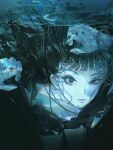  1girl black_eyes black_hair black_nails closed_mouth earrings highres jewelry john_kafka long_hair looking_at_viewer nail_polish open_mouth original solo stud_earrings underwater 