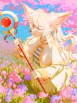  3:4 anthro big_ears canid canine clothed clothing creamytako digital_media_(artwork) digital_painting_(artwork) eyes_closed female flower frieren frieren_beyond_journey&#039;s_end hair hi_res holding_object holding_staff mammal petals plant solo staff 