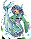  animal_ears blue_eyes blue_hair drill_hair head_fins japanese_clothes kimono mermaid monster_girl nmknf_(mkn) obi sash short_hair smile solo touhou wakasagihime water 