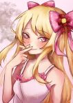  1girl alternate_costume artist_request babydoll blonde_hair blush chaos_marie_(grimms_notes) cigarette grimms_notes hair_ribbon heart heart-shaped_pupils long_hair pink_background pink_eyes ribbon smile smoke smoking solo symbol-shaped_pupils upper_body 
