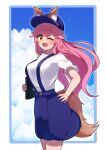  1girl ;d absurdres animal_ear_fluff animal_ears blue_hat blue_skirt blue_sky blush breasts brown_eyes cloud cloudy_sky commentary_request cowboy_shot day ears_through_headwear fang fate/extra fate_(series) flat_cap fox_ears fox_girl fox_tail hair_between_eyes hand_on_own_hip hat highres holding long_hair medium_breasts one_eye_closed pink_hair shirt short_sleeves skirt sky smile solo standing suspender_skirt suspenders tail tamamo_(fate) tamamo_no_mae_(fate/extra) very_long_hair white_shirt yuya090602 