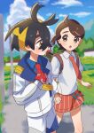 1boy 1girl :o ahoge backpack bag black_hair blue_shirt blurry blurry_background blush braid brown_bag brown_eyes brown_hair closed_mouth cloud collared_shirt commentary_request crossed_bangs day eyelashes hair_between_eyes hairband highres holding_hands jacket juliana_(pokemon) kieran_(pokemon) knees mole mole_on_neck necktie open_mouth orange_(orangelv20) orange_necktie orange_shorts outdoors pokemon pokemon_sv red_necktie school_uniform shirt shorts sky standing white_shirt yellow_hairband 