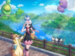  1girl :d bag beanie bird black_hair black_shirt blue_eyes boots budew buizel cloud commentary_request dawn_(pokemon) day drifloon duffel_bag ebi-chan_(tvyd2583) fence floatzel grass hat highres long_hair on_head open_mouth outdoors over-kneehighs pink_footwear pink_skirt piplup pokemon pokemon_(creature) pokemon_dppt pokemon_on_head reflection shirt skirt sky sleeveless sleeveless_shirt smile standing starly thighhighs walking water white_hat yellow_bag 