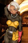  1girl arms_up belt blue_eyes blush bodysuit breasts bustier cameltoe dark_skin dragon_quest dragon_quest_iii earrings gloves grey_hair highres jewelry latex latex_suit legs looking_at_viewer mole necklace pearl_necklace pouch sakuradou short_hair small_breasts smile solo standing thief_(dq3) thighs 
