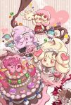  :d :o alcremie apron cake clothed_pokemon commentary_request feeding food gloves happy_valentine harinezumi103 hat headdress highres holding holding_food looking_up luvdisc milcery no_humans open_mouth pink_hat plate pokemon pokemon_(creature) polteageist sinistea smile valentine 