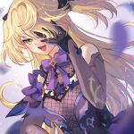  1girl :d bare_shoulders black_gloves blonde_hair bow bowtie commentary eyepatch fischl_(genshin_impact) fishnets genshin_impact gloves green_eyes hand_up long_hair maron_star open_mouth purple_bow purple_bowtie smile solo two_side_up upper_body v-shaped_eyebrows very_long_hair 