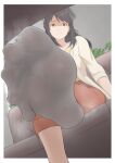  1girl belt black_hair blurry blurry_background border brown_belt brown_eyes chinese_commentary commentary_request commission crossed_legs depth_of_field dutch_angle feet foot_focus foot_out_of_frame foreshortening hair_ribbon highres indoors jacket kimi_no_na_wa. long_hair miyamizu_mitsuha no_shoes orange_pants pants partially_shaded_face red_eyes ribbon see-through see-through_legwear shadow shirt sidelocks sitting smell socks soles solo spread_toes steaming_body toes treadml white_border white_jacket white_socks yellow_shirt 