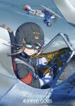  1girl absurdres armband brown_hair cloud dirty dirty_clothes dirty_face erica_(naze1940) flying gloves goggles green_eyes helmet highres looking_at_viewer looking_to_the_side military original pilot ponytail propeller sidelocks sky water_drop wind 