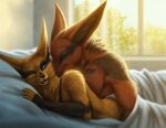  2021 anthro anthro_on_anthro bed canid canine ceylis cuddling digital_media_(artwork) duo embrace eyes_closed fangs fox fur furniture happy hel_(shiretsuna) hug kippycube looking_at_another lying male male/male mammal nude on_bed on_front one_eye_closed open_mouth orange_body orange_fur romantic romantic_ambiance romantic_couple smile teeth under_covers window 