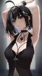  1girl absurdres ahoge arm_behind_head arm_up armpits black_shirt blurry blurry_background bracelet breasts brown_eyes cleavage commentary english_commentary highres irene_(kanniiepan) jewelry kanniiepan looking_at_viewer medium_breasts mole mole_on_breast mole_under_eye necklace original shirt short_hair sleeveless sleeveless_shirt solo spiked_bracelet spikes upper_body 