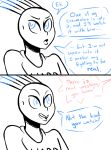  2018 alien antennae black_and_white blue_eyes clothed clothing dialogue english_text hard_boy_(inkyfrog) humanoid inkyfrog male monochrome not_furry simple_background speech_bubble text unseen_character white_background 