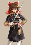  1girl absurdres alternate_costume commentary_request gloves hakurei_reimu highres imperial_japanese_army japanese_clothes longmei_er_de_tuzi medal military military_uniform retro_artstyle saber_(weapon) solo sword touhou uniform weapon 