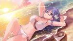  1girl 22/7 22/7_ongaku_no_jikan beach bikini black-framed_eyewear blue_eyes blue_hair braid breasts cleavage cloud collarbone dutch_angle foot_out_of_frame game_cg hair_ornament hair_ribbon highres knee_up lens_flare light_blue_hair looking_at_viewer lying maruyama_akane navel non-web_source ocean official_art on_back outdoors parted_lips rectangular_eyewear ribbon sandals semi-rimless_eyewear single_braid solo sparkle string_bikini sunlight sunset swimsuit under-rim_eyewear unworn_footwear wet white_bikini 