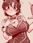  1girl alternate_costume blush bow bowtie breasts captain_(kemono_friends) cleavage closed_mouth flying_sweatdrops genderswap genderswap_(mtf) holding holding_tray kemono_friends large_breasts looking_at_viewer red_theme riri_(dgra3272) short_hair solo tray upper_body wrist_cuffs 
