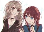  2girls black_choker black_jacket blue_eyes blue_shirt blush choker chromatic_aberration closed_mouth commentary_request girls_band_cry grey_eyes grin holding holding_microphone iseri_nina jacket kawaragi_momoka light_brown_hair microphone multicolored_hair multiple_girls open_mouth red_hair roots_(hair) roudo_(idolnoatm) shirt short_twintails simple_background smile sparkle twintails upper_body white_background 