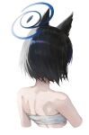  1girl absurdres animal_ears back black_hair blue_archive blue_halo cat_ears chest_sarashi cropped_arms from_behind halo highres hikimori_1 kikyou_(blue_archive) sarashi short_hair simple_background solo upper_body white_background 