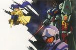  1980s_(style) 1girl 2boys amuro_ray anaheim_electronics beam_saber belt blonde_hair blue_hair boots cape char's_counterattack char_aznable emblem gloves gundam helmet in_orbit key_visual kneeling looking_at_viewer mecha mikimoto_haruhiko military_uniform mobile_suit multiple_boys nebula neo_zeon nu_gundam official_art pilot_suit production_art promotional_art quess_paraya retro_artstyle robot roundel scan serious shield sitting space starry_background uniform v-fin 